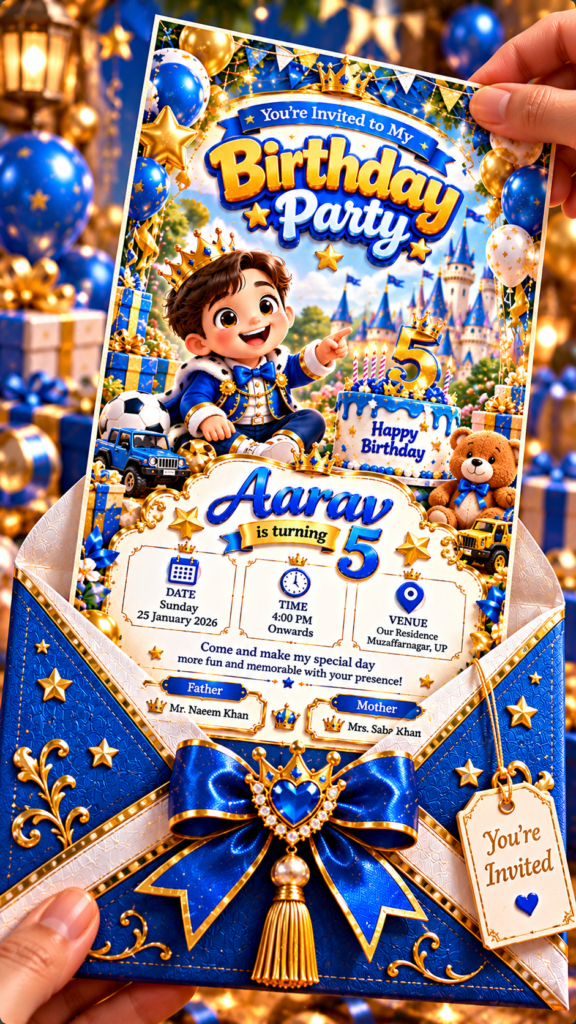 Royal Blue & Gold Boy Birthday Digital Invitation Card | 3D Prince Birthday E-Invite | Envelope Opening | 9:16