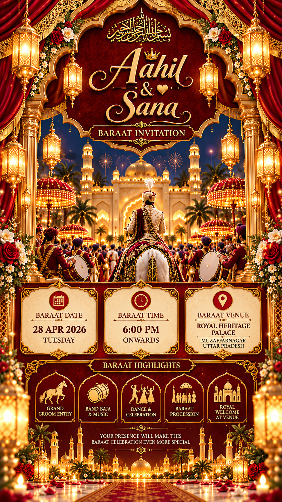 Aahil & Sana’s Royal Baraat Invitation Luxury Muslim Wedding Digital Card