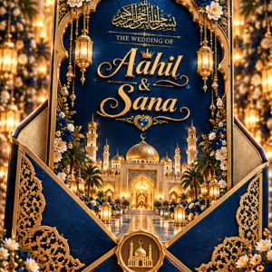 Royal Blue Gold Wedding Digital Invitation Card  | Luxury Muslim Digital Wedding