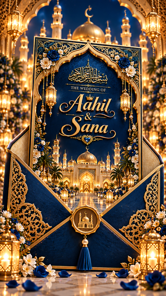 Royal Blue Gold Wedding Digital Invitation Card  | Luxury Muslim Digital Wedding