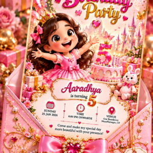 Luxury Pink Princess Birthday Digital Invitation Card
