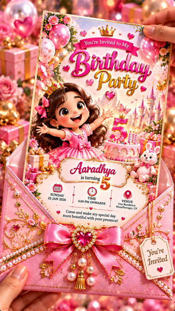 Luxury Pink Princess Birthday Digital Invitation Card | 3D Girl Birthday Party E-Invite | 9:16