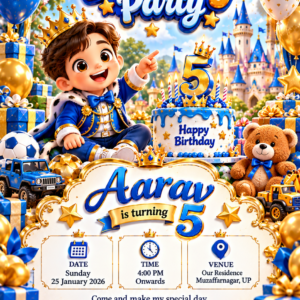 Royal Blue & Gold Boy Birthday Digital Invitation Card