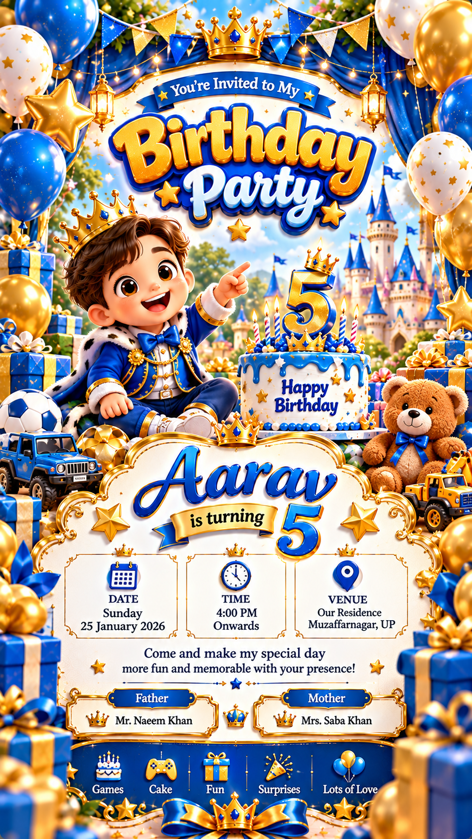 Aarav’s Royal Birthday Adventure (1) Royal Blue & Gold Boy Birthday Digital Invitation Card