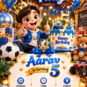 Luxury Blue & Gold Boy Birthday Digital Invitation Card