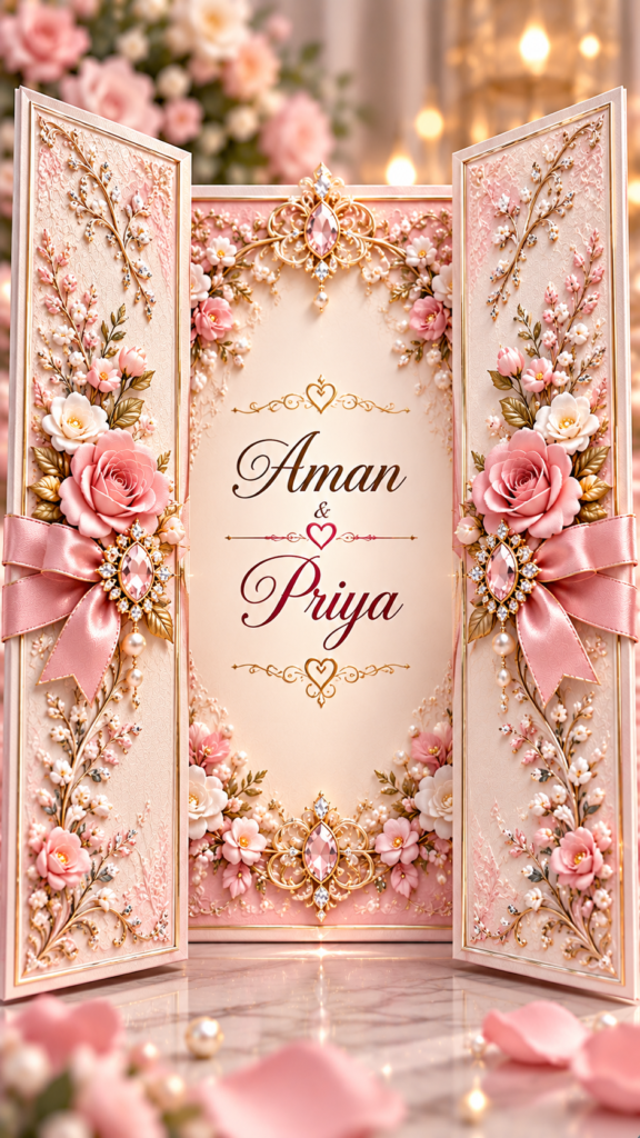 Luxury Pink & White Engagement Digital Invitation Card | Royal Floral Wedding E-Invite | 9:16