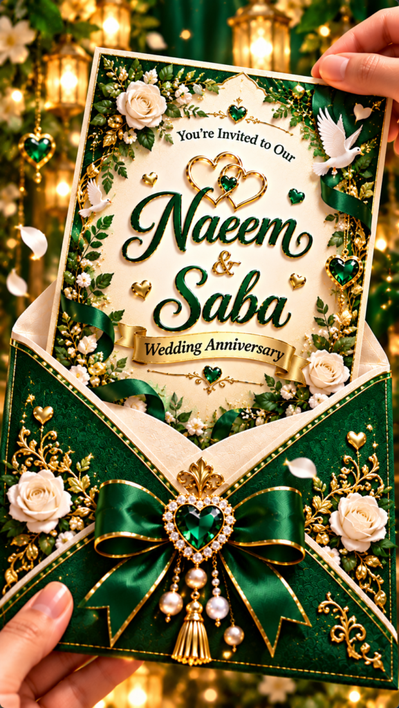 Luxury Green & Gold Wedding Anniversary Digital Invitation Card | Romantic Couple Anniversary E-Invite | 9:16