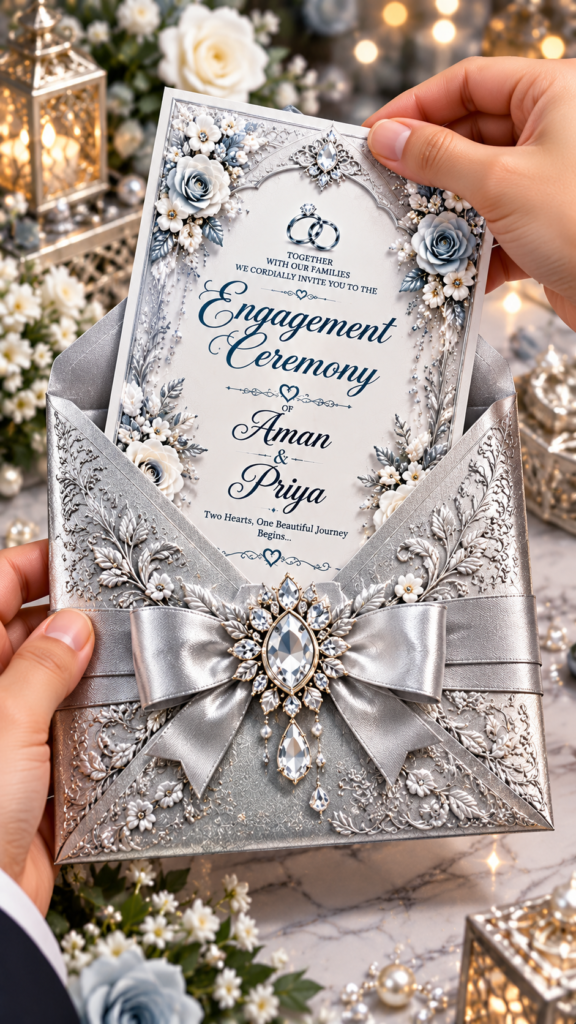 Luxury Silver Engagement Digital Invitation Card | Royal Silver Blue Envelope Wedding E-Invite | 9:16