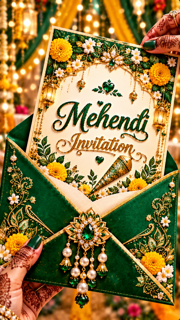 Luxury Mehendi Ceremony Digital Invitation Card | Green & Gold Royal Mehendi E-Invite | 9:16