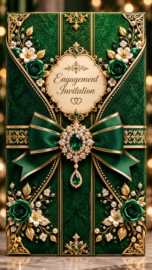 Luxury Emerald Green Engagement Digital Invitation Card | Royal Gold Wedding E-Invite | 9:16
