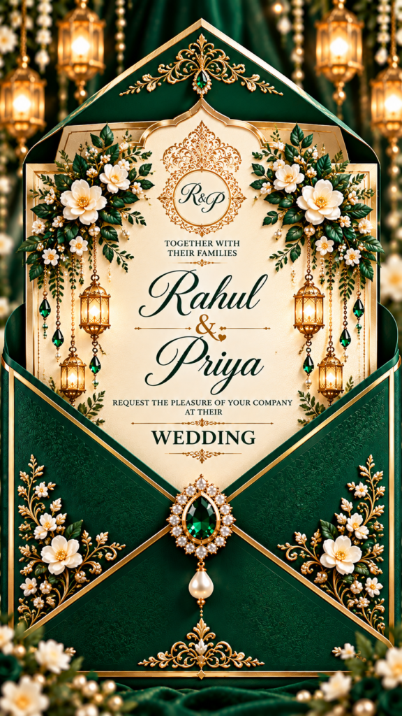 Emerald Green & Gold Luxury Wedding Digital Invitation Card | Premium Digital Wedding Card