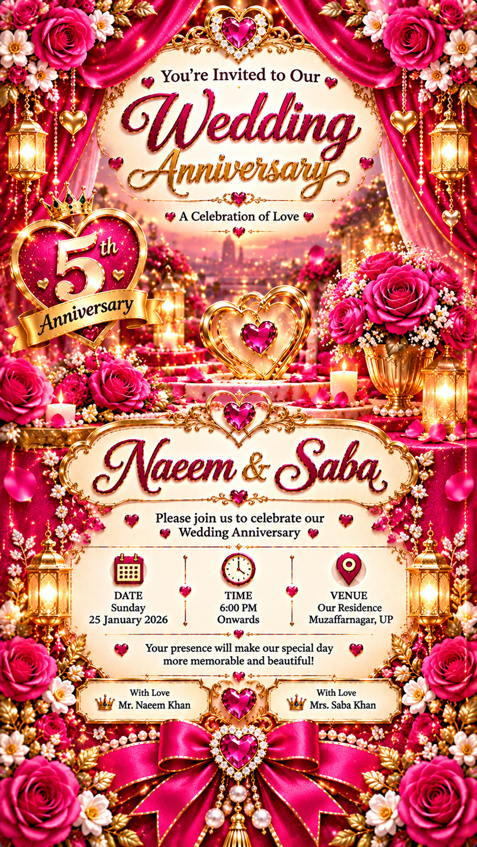Glamorous Pink and Gold Anniversary Invitation Luxury Hot Pink & Gold Wedding Anniversary Digital Invitation Card | 3D Romantic Anniversary E-Invite | 9:16