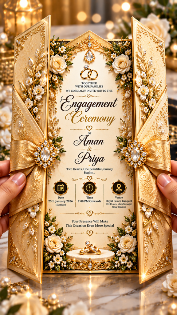 Luxury Golden Band Engagement Digital Invitation Card | 3D Gatefold Opening Wedding E-Invite | 9:16