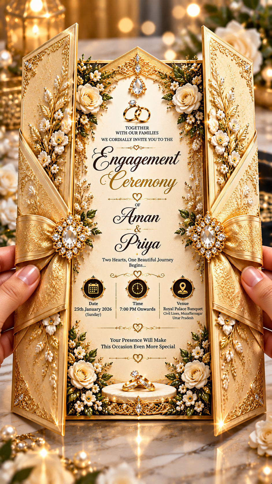 Golden Gatefold Engagement Invitation Luxury Golden Band Engagement Digital Invitation Card