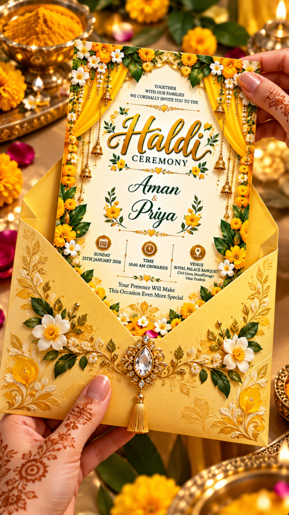 Luxury Haldi Ceremony Digital Invitation Card | Royal Yellow Marigold Wedding E-Invite | 9:16