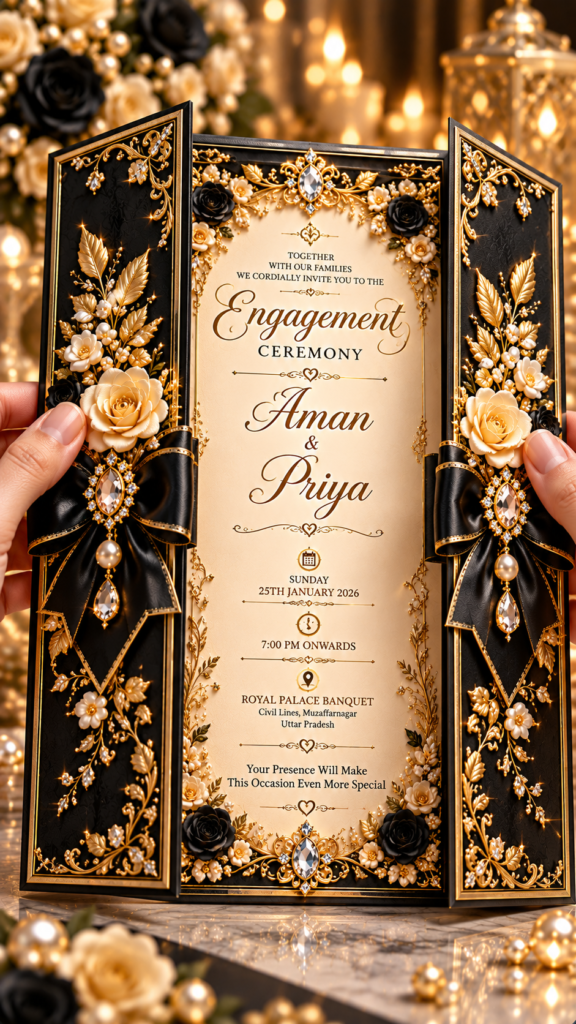 Luxury Black & Gold Engagement Digital Invitation Card | Royal Wedding E-Invite | 9:16