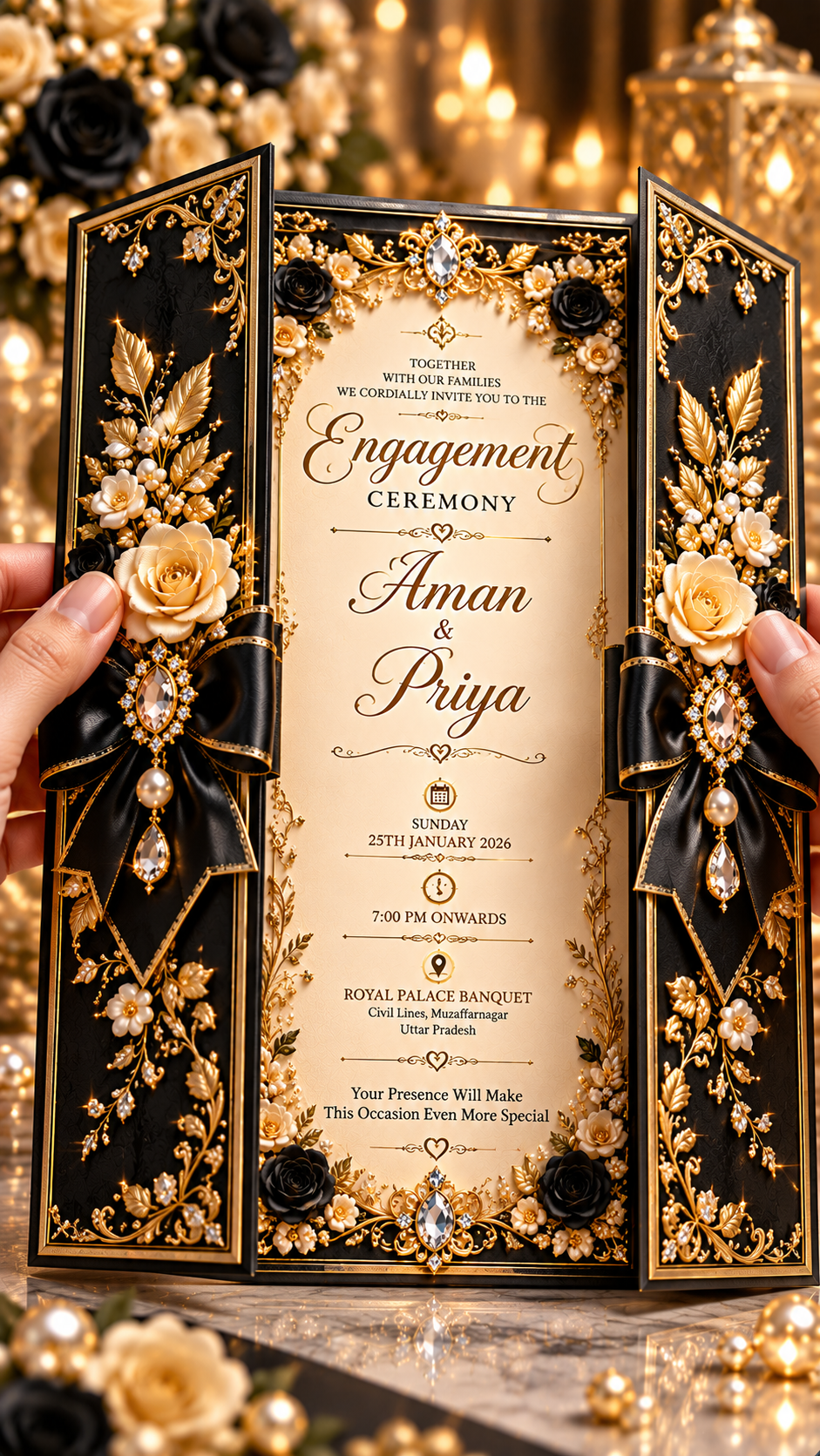Luxurious Black and Gold Engagement Invitation Luxury Black & Gold Engagement Digital Invitation Card