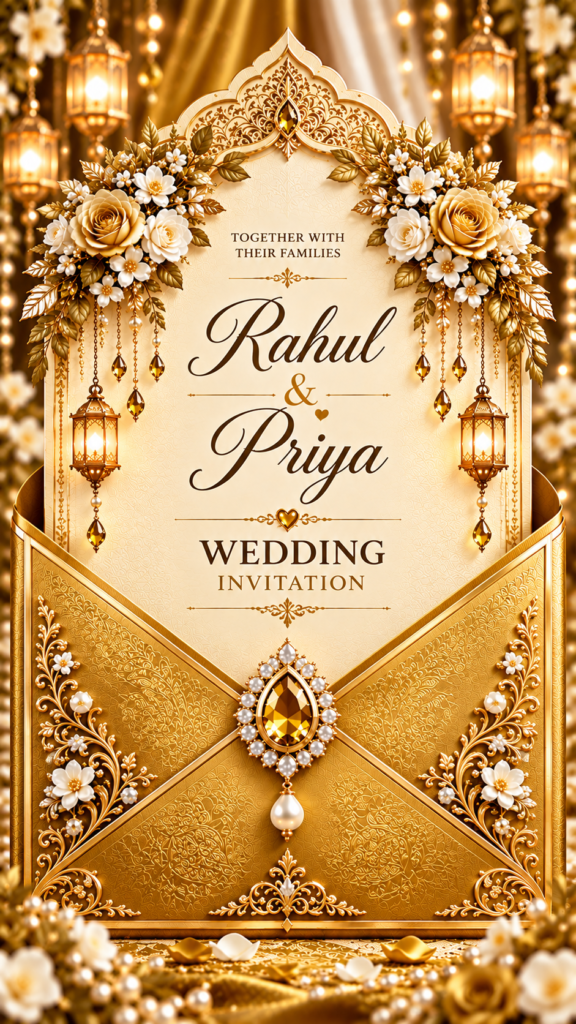 Emerald Green & Gold Luxury Wedding Invitation digital Card | Premium Envelope Opening Digital Card