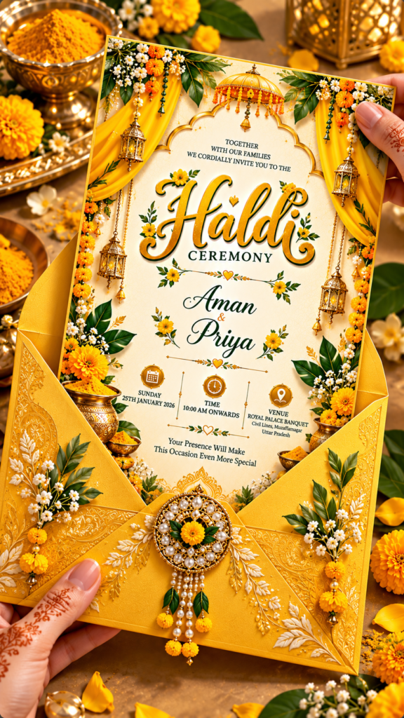 Luxury Haldi Ceremony Digital Invitation Card | Marigold Yellow & Green Wedding E-Invite | 9:16