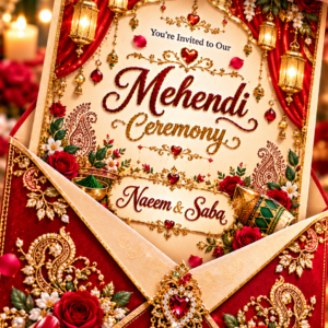 Luxury Red & Gold Mehendi Ceremony Digital Invitation Card