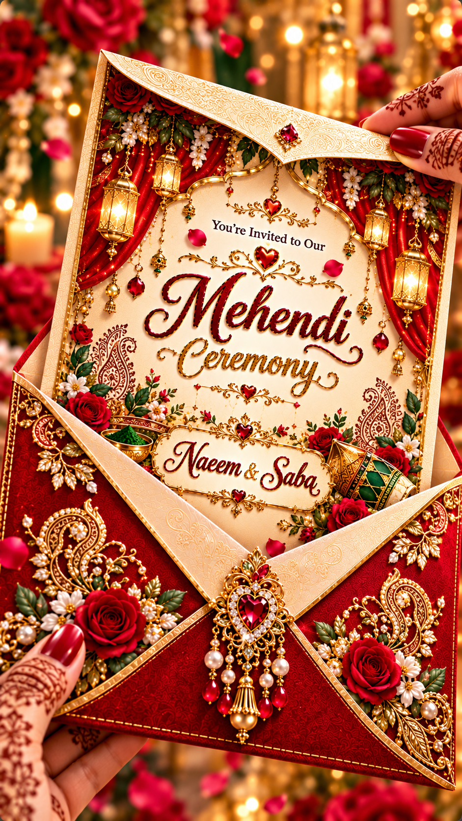 Luxurious Mehendi Wedding Invitation Luxury Red & Gold Mehendi Ceremony Digital Invitation Card