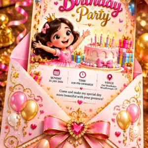 Luxury Pink Birthday Digital Invitation Card | Princess Birthday Party E-Invite | 9:16