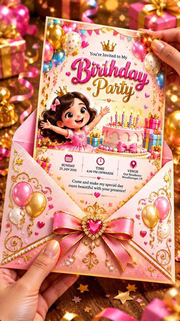 Luxury Pink Girls Birthday Digital Invitation Card | Princess Birthday Party E-Invite | 9:16