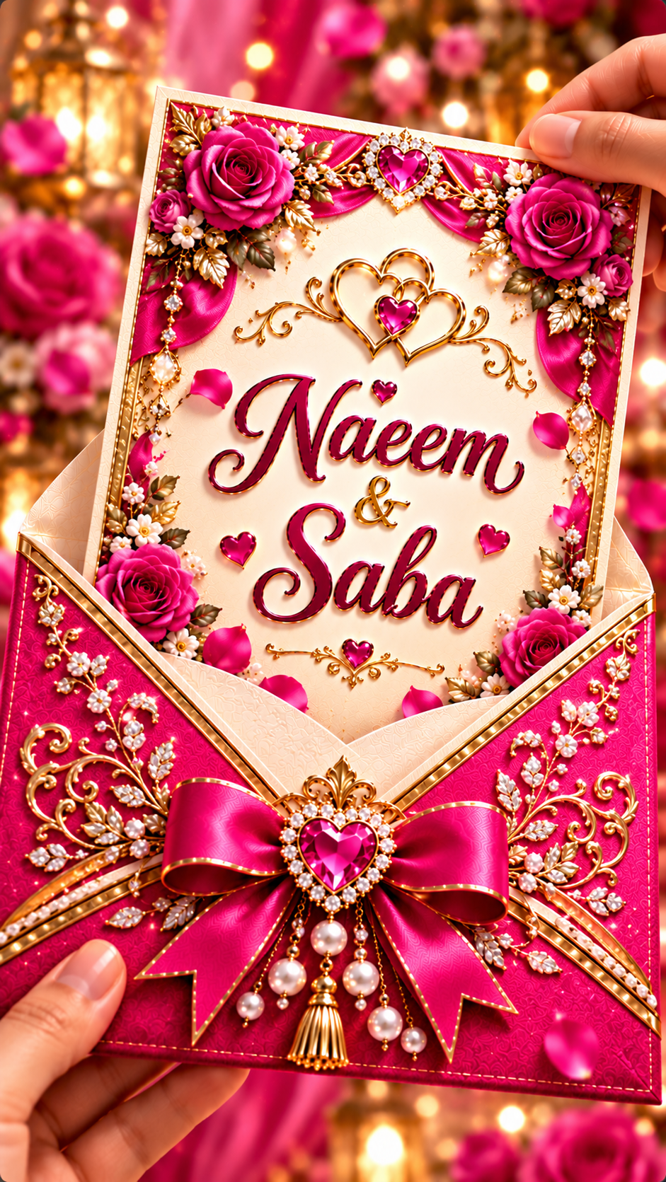 Naeem & Saba Luxury Invitation Luxury Hot Pink & Gold Wedding Anniversary Digital Invitation Card | 3D Romantic Anniversary E-Invite | 9:16