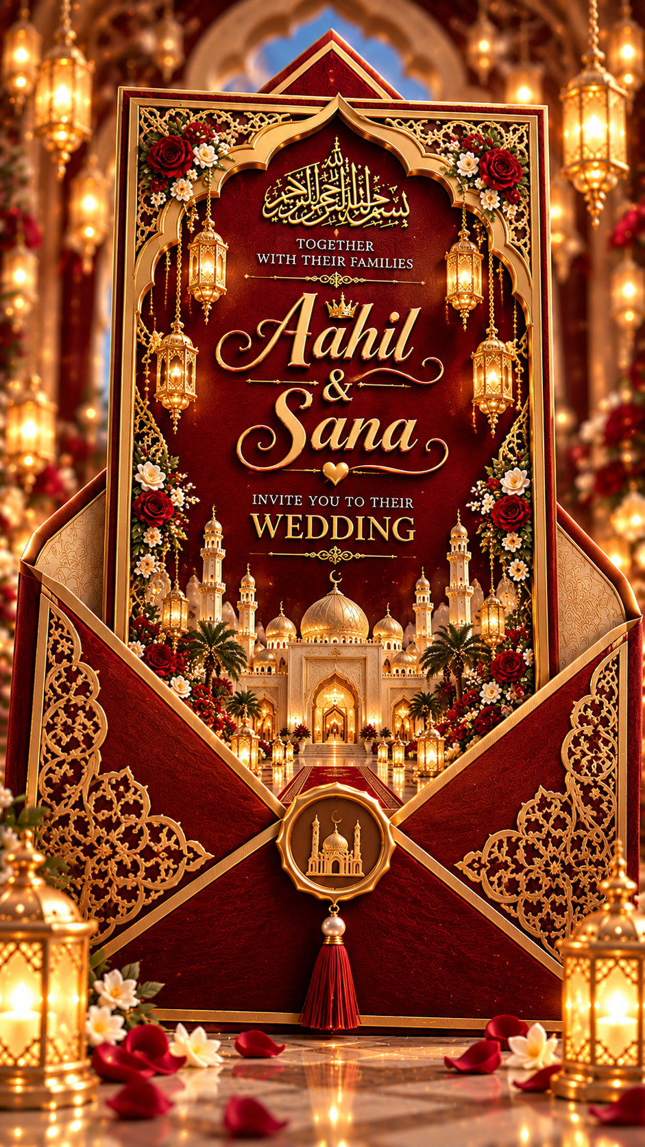 Opulent Gold and Red Wedding Invitation Reveal Luxury Muslim Wedding Digital Card