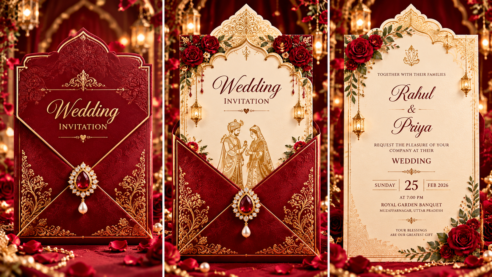 Opulent Maroon and Gold Wedding Invitation Card