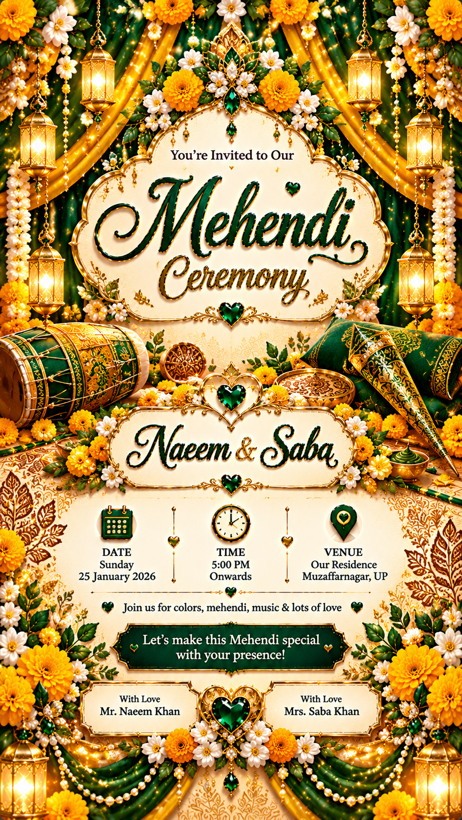 Ornate Green and Gold Mehendi Invitation Luxury Mehendi Ceremony Digital Invitation Card