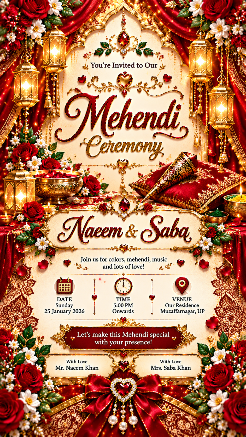 Ornate Red and Gold Mehendi Invitation (1) Luxury Red & Gold Mehendi Ceremony Digital Invitation Card
