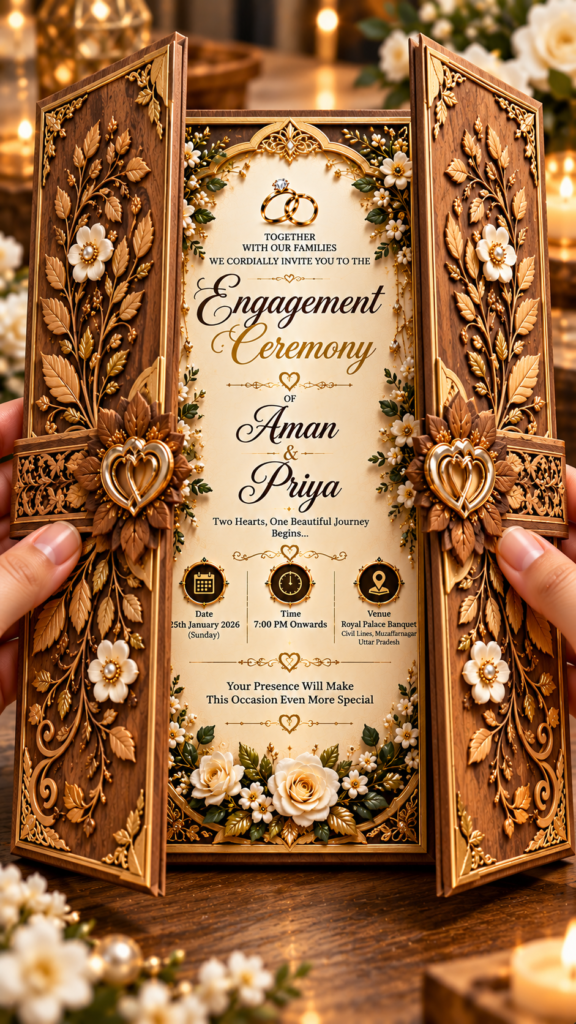 Luxury Wooden Engagement Digital Invitation Card | Royal Carved Wood 3D Gatefold Wedding E-Invite | 9:16