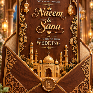Wood Style Muslim Baraat Invitation digital Card