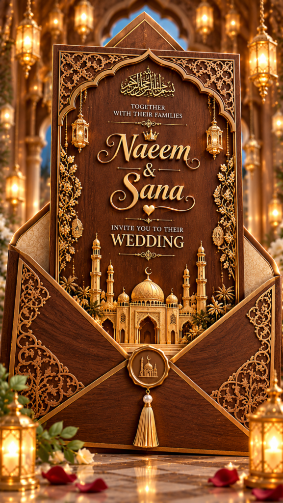 Luxury Wood Style Muslim Baraat Invitation digital Card | Groom Entry & Palace Celebration | Digital Wedding Card