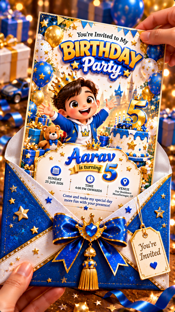 Luxury Blue & Gold Boy Birthday Digital Invitation Card | 3D Kids Birthday Party E-Invite | 9:16