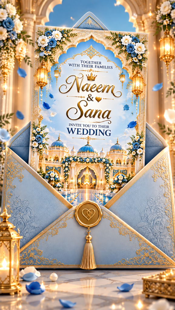 Sky Blue & Gold Luxury Digital Wedding Card | Premium Animated Wedding Invitation