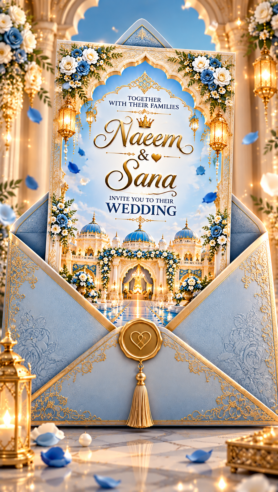 Royal Blue Wedding Invitation Reveal Gold Luxury Digital Wedding Card