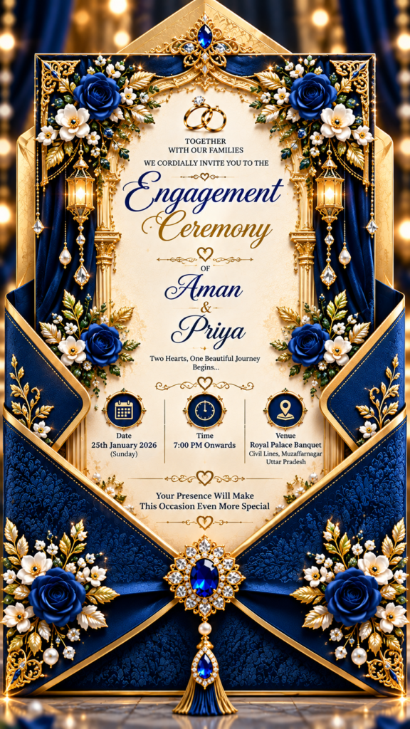 Luxury Dark Blue & Gold Engagement Digital Invitation Card | Royal Wedding E-Invite 9:16
