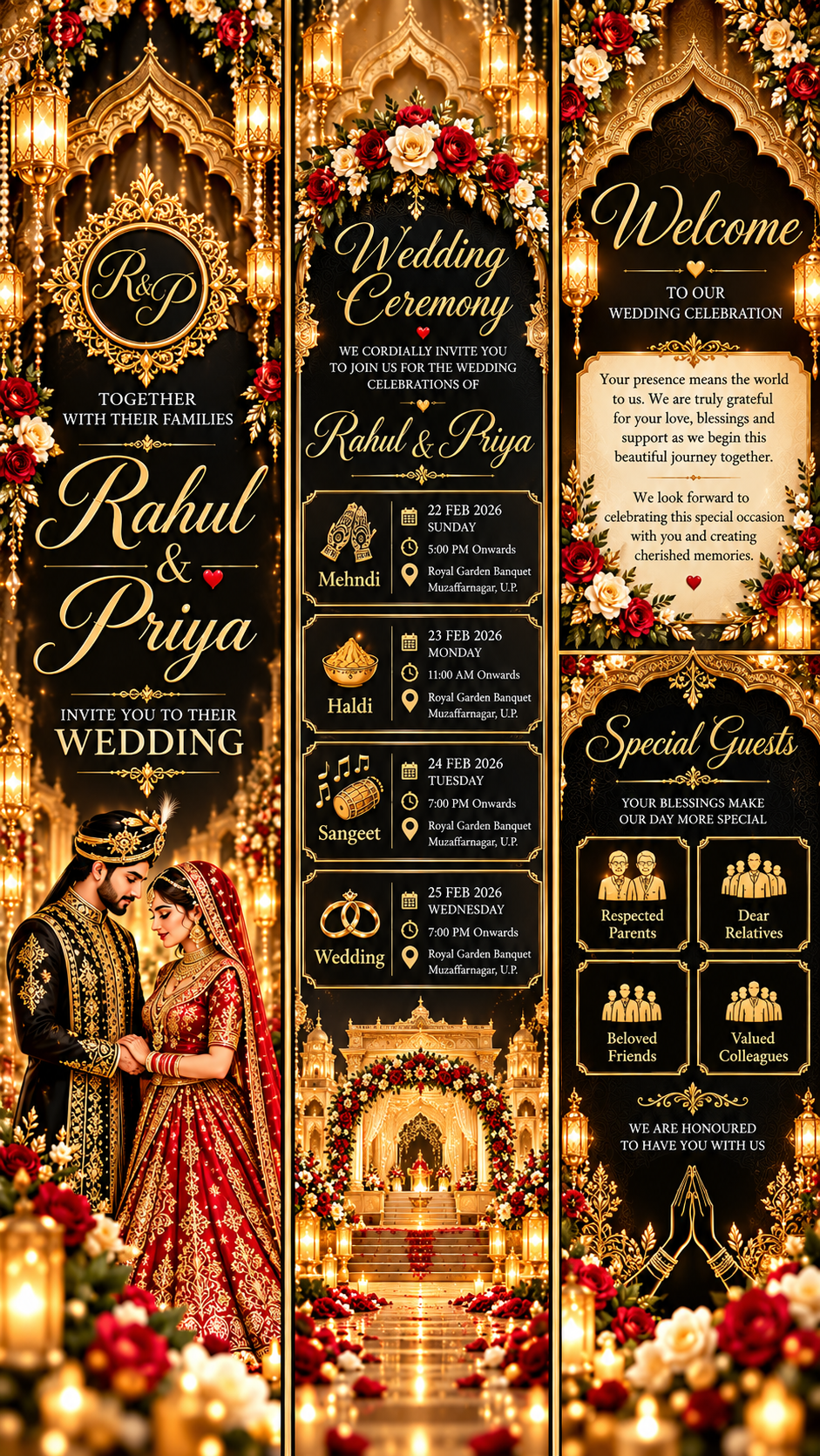 Royal Gold Wedding Invitation Triptych Wedding Invitation digital Card